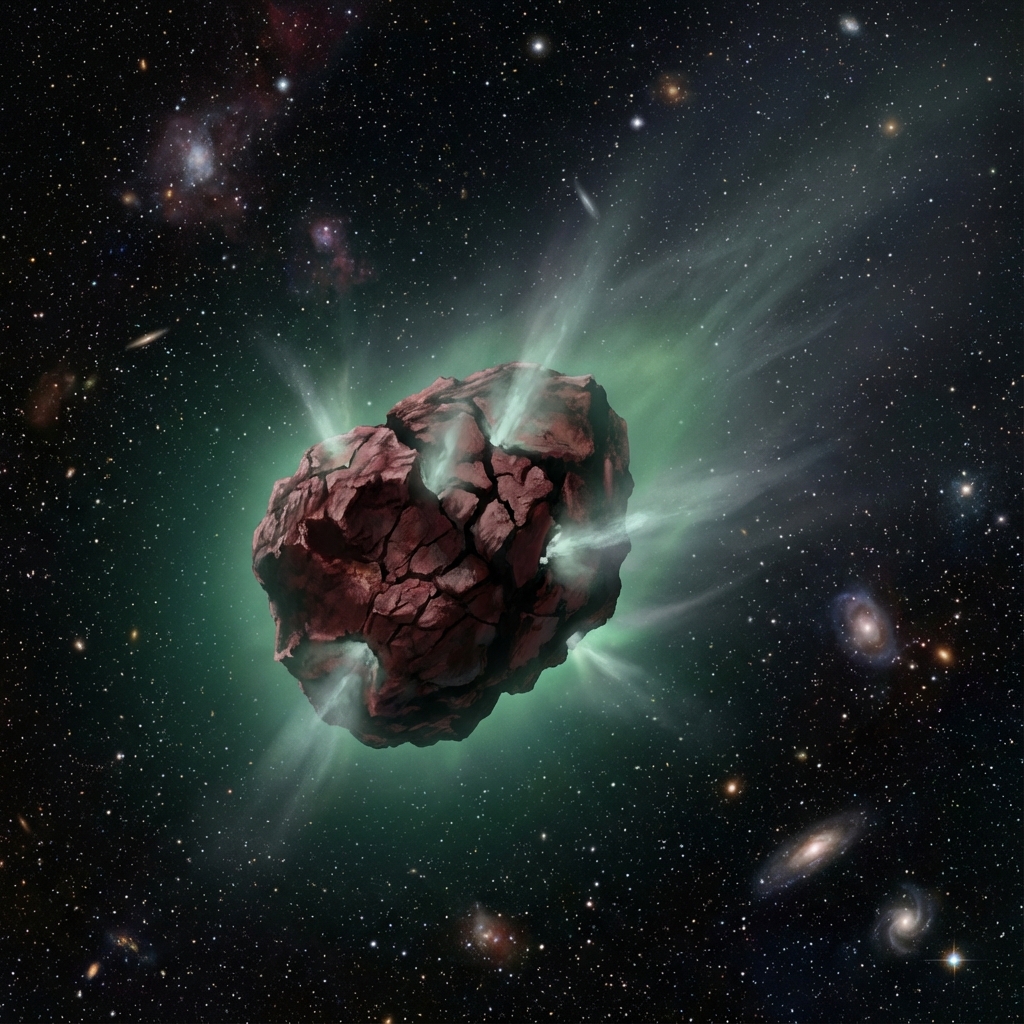 Impresión artística de 3I Atlas mostrando desgasificación y brillo verdoso